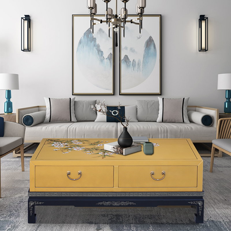New Chinese style hand-painted solid wood gold coffee table Chinese living room light luxury furniture Chinese style model room villa decoration cabinet