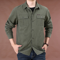 Washed cotton workwear large size loose shirt mens 2022 autumn fashion middle-aged solid color pocket mens shirt tide