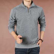 Autumn mens large size loose long sleeve T-shirt mens fashion casual and comfortable solid color semi-zippered T-shirt mens tide