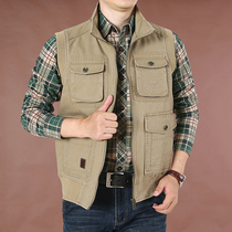 Workwear vest mens autumn stand collar loose jacket middle-aged multi-pocket cotton photography vest vest