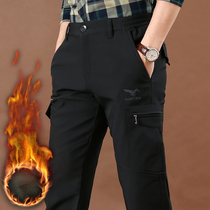 Velvet thickened autumn and winter outdoor loose casual pants Mens large size multi-bag overalls Quick-drying pants long pants tide
