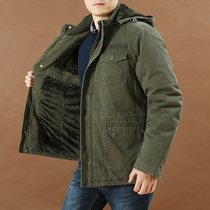 Winter mens velvet thick loose cotton coat mens medium and long large size multi-pocket tooling cotton quilted jacket tide