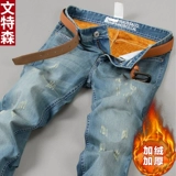 Демисезонные утепленные джинсы, зимний бархатный пуховик для отдыха, удерживающие тепло штаны, свободный прямой крой