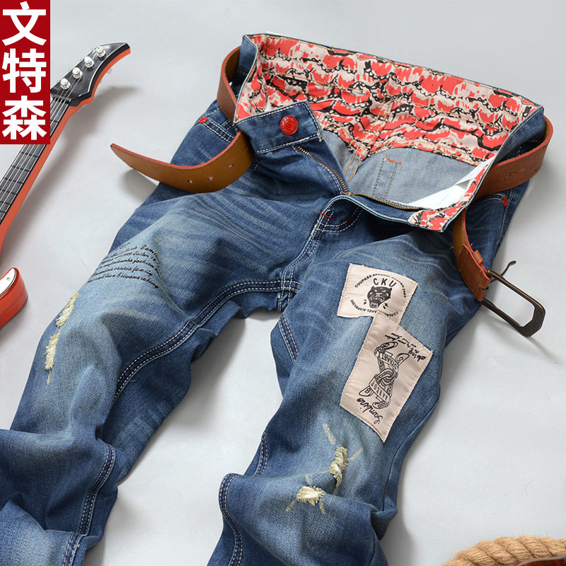 Spring and Autumn Korean version of the trend tide brand patch patch men's light-colored ripped jeans youth straight pants