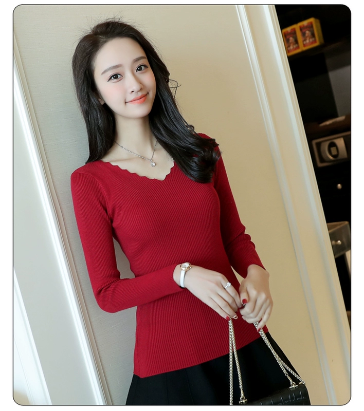 Mùa xuân 2018 mới của phụ nữ cổ chữ V co giãn đan áo thun mỏng thon dài tay áo len thủy triều