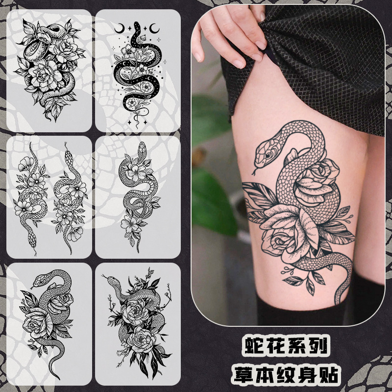 Snake Dance Rose Flower Tattoo Sticker Women's Waterproof Long-Lasting Herbal Half Juice Dark Hot Girl ins Feeling
