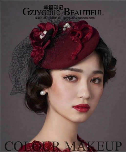 Korean bridal headwear wine red mesh top hat dinner party retro cover hair accessories wedding dress accessories