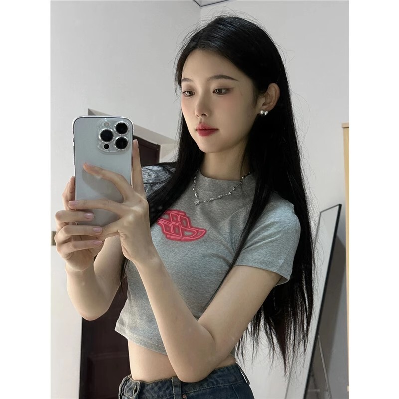 American Retro Sexy Neon Print Crop Top Short-Sleeve T-Shirt for Women, Summer Slim-Fit Slimming Short Style Trendy Top