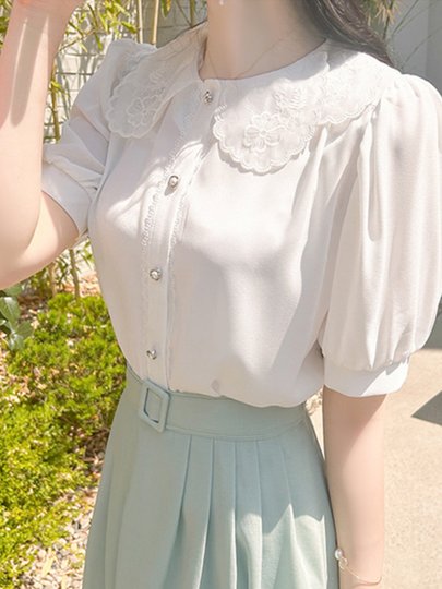 雪纺衫女短袖2025夏新款娃娃领蕾丝高级感上衣别致泡泡袖衬衫白色