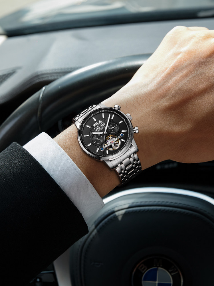 Fila Hollow Flywheel Dual Calendar Mechanical Watch with Luminous Hands Business Wristwatch Gift for Boyfriend 6706