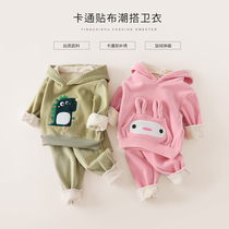 Yingzhishu boy plus velvet suit children thick clothes two-piece girl baby casual out autumn and winter clothes