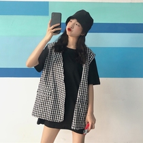 Early spring two-piece small man high suit Harajuku ancient foreign loose plaid vest long T-shirt tide