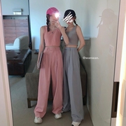 Cảng Vintage Hương vị Elegant Phong cách Suit tay nhỏ Vest Bên A Siugging Wide-Legged quần Suit Kéo