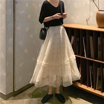 Mesh polka dot skirt 2021 spring new womens Korean edition loose retro high waist fairy long dress