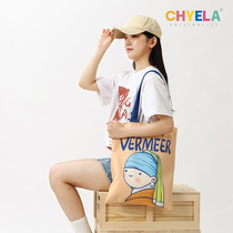 Young Girl Original Hand-painted Student Canvas Bag Handmade Custom Pattern Single Shoulder Bag W256 by Pearl Earrings