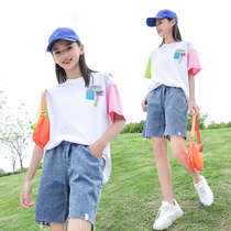 Summer Suit for Girls 2022 New 9 Korean Edition Foreign Edition Internet Red Summer Big Kids T-Shirt Sports Two-Piece Set 15 years old