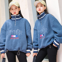 Girl big girl sweatshirt Korean version of foreign gas plus fleece 2022 new 15-year-old girl thickened autumn and winter lamb fleece top casual