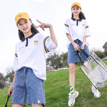 Girls short-sleeved T-shirt 2022 new summer 8 girls loose mid-college kids summer clothes cotton childrens set school style