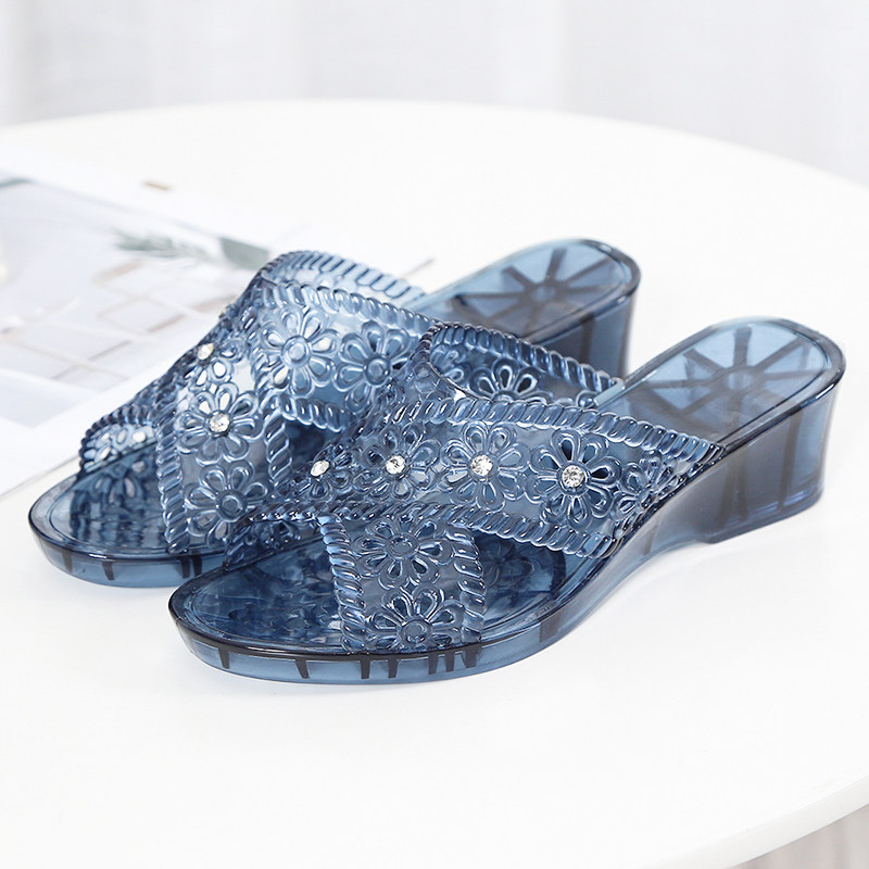 Fashion New Crystal Sandals Sandals Women Summer Nets Red Word Drag Outside Wearing High Heel Mom Non-slip Slippers Jelly 100 lap