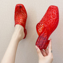 New Hundred Crystal Sandals Woman Wearing Red Anti-Slide Barloughflower Mom Half-dragged and High