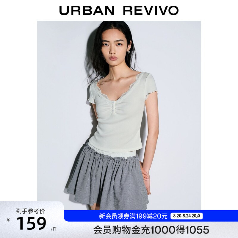 Ur2026 New Autumn Women's Casual Textured Lace Trim Button-Decorated Short-Sleeved T-Shirt Uyl460181 Ur2026 New Autumn Women's Casual Textured Lace Trim Button-Decorated Short-Sleeved T-Shirt Uyl460181