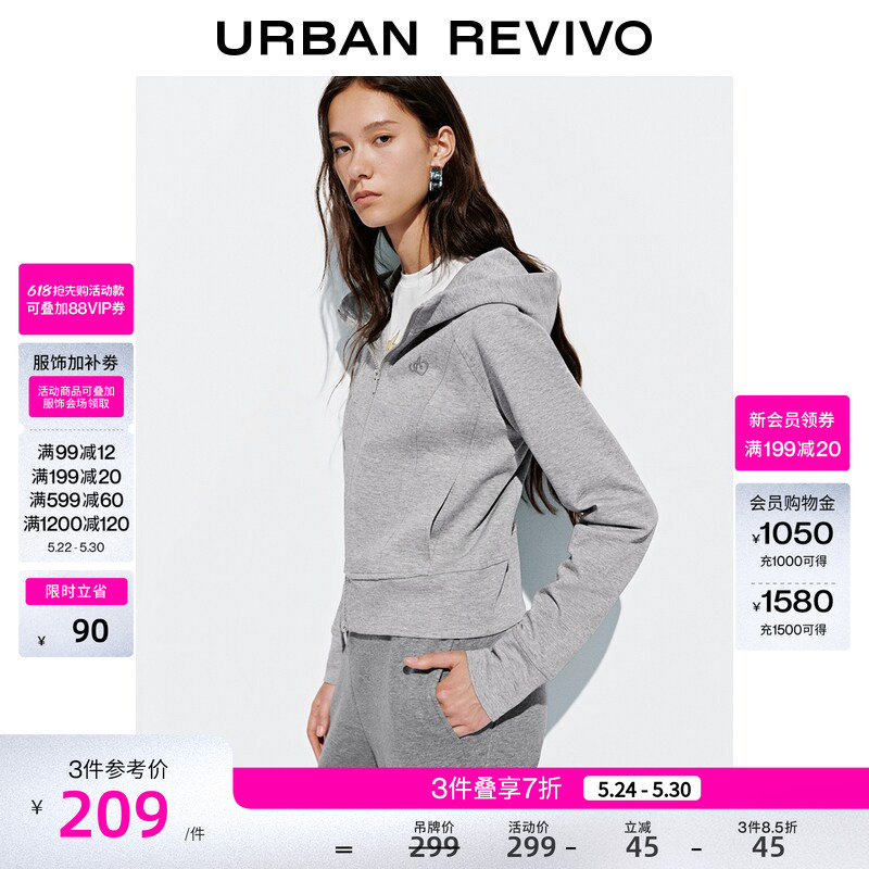 Ur2026 Spring New Women's Casual Gray Sports Style Zipper Hooded Jacket Uyv150092
