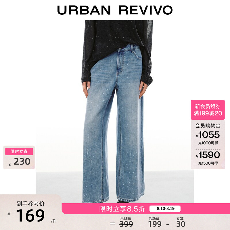 Ur2026 New Summer Women's Clothing Charming Washed Denim Pants with Whiskered Details and Rhinestones Uwg860071