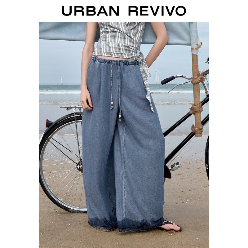 Women Tencel Wide Leg Floor Length Pants Bead Drawstring Elastic Waist Loose Flowey Denim Trousers ราคา 1,990 บาท*ส่งฟรี