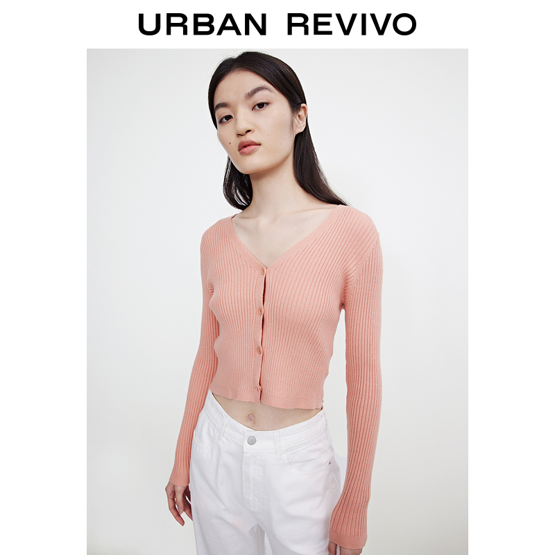 UR2021 Autumn Winter New Pint Woman Fit Brief Wind Base V collar knit long sleeve jacket WB35B9DN2002