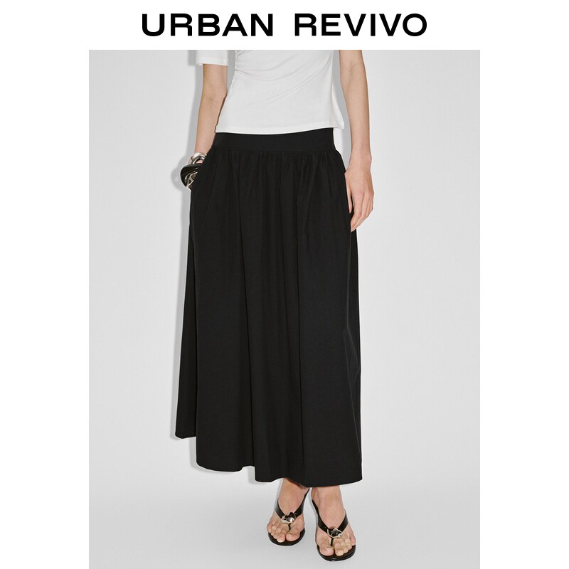 Solid High Waist Gathered Midi Skirt Loose Fit Flowy A Line Long Bottom Casual Womens Apparel ราคา 1,590 บาท*ส่งฟรี