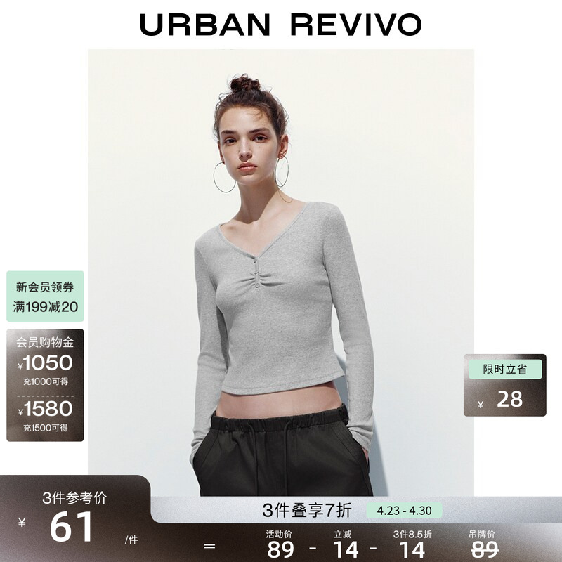 Ur2026 Spring New Women's Clothing Simple Pleated Buttoned Ribbed Texture Slim Long-Sleeved T-Shirt Uyb450011