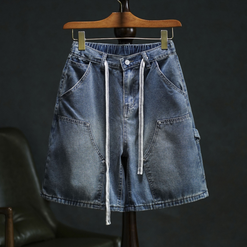 Loose Retro Men's Denim Shorts Summer Loose Straight-Leg Workwear Five-Point Pants Drawstring Waistband Wide-Leg Mid-Length Pants for Men Loose Retro Men's Denim Shorts Summer Loose Straight-Leg Workwear Five-Point Pants Drawstring Waistband Wide-Leg Mid-Length Pants for Men