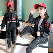 Girls spring clothing suit 2021 new spring and autumn foreign air trendy Han edition CUHK Childrens online Red Cowboys Two sets of damp