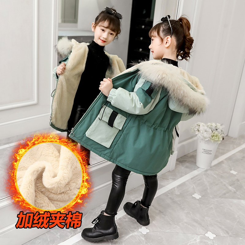 Girl Pie Overcomes Winter Dress Cotton Coat 2020 New Foreign Pie Children Thickening Medium Long Version Coat Tooling Plus Suede Cotton Padded Jacket