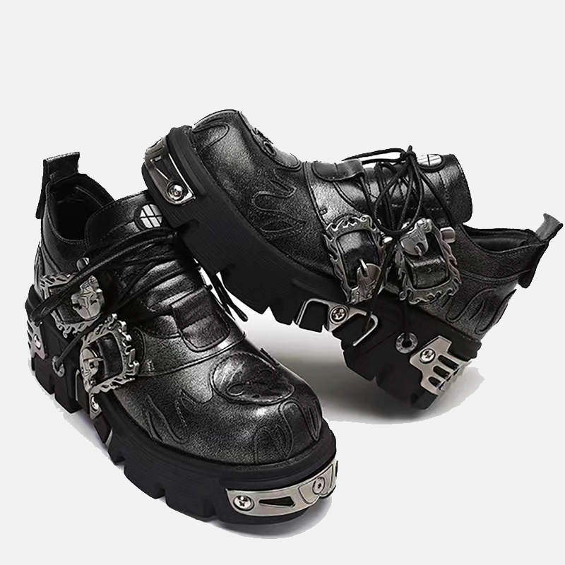 Vintage Rock Dark Punk Leather Shoes with Metal Accents, Niche Couple Style, Washed Casual Shoes, Low-Top Height-Increasing Chunky Shoes