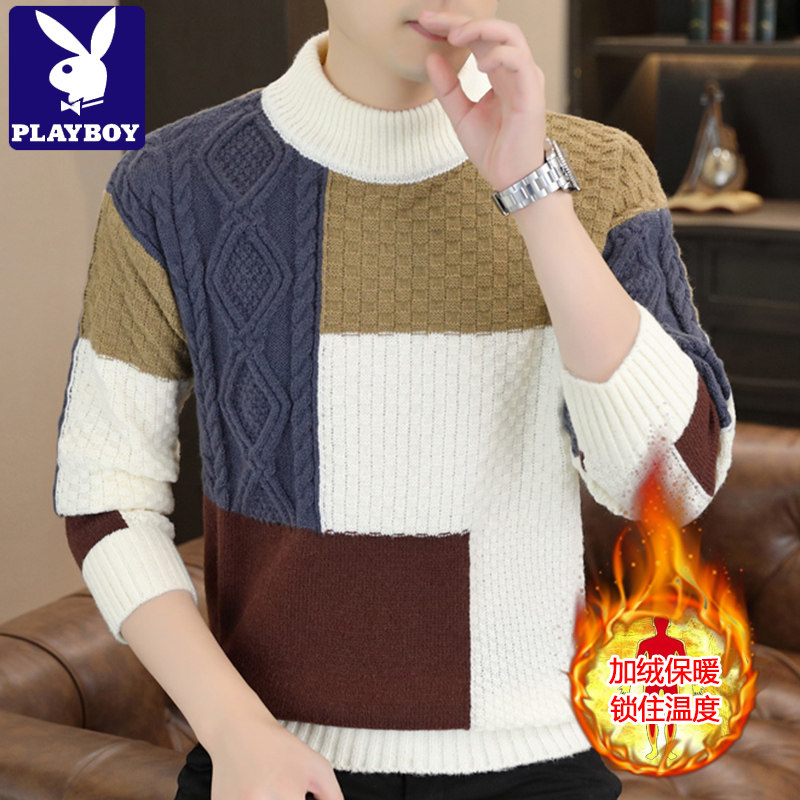 Flower Playboy semi-high collar sweater for men's autumn and winter thickened undershirt 2023 New needlework trendline clothes-Taobao