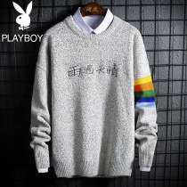 Playboy Mens Mens Fall 2020 New Low Collar Sweater Contrast Round Neck Loose Pullover Sweater Knit