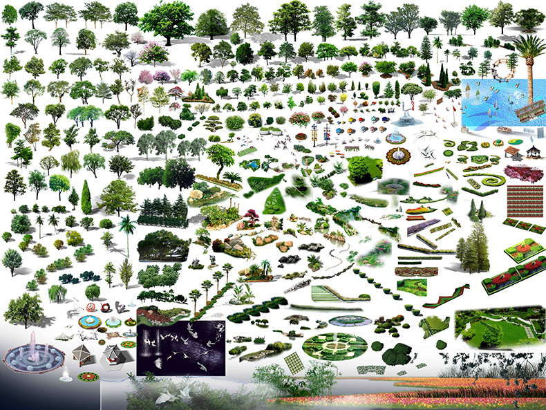PSD008园林景观设计PSD古建树木花草植物人物鸟瞰图效果图-17