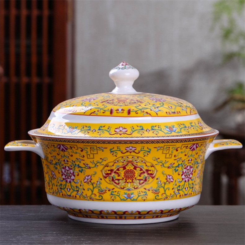 Colored enamel tureen large rainbow such use Chinese style household tableware bowls archaize ceramic pan with cover pot soup pot