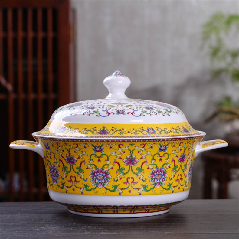 Colored enamel tureen large rainbow such use Chinese style household tableware bowls archaize ceramic pan with cover pot soup pot