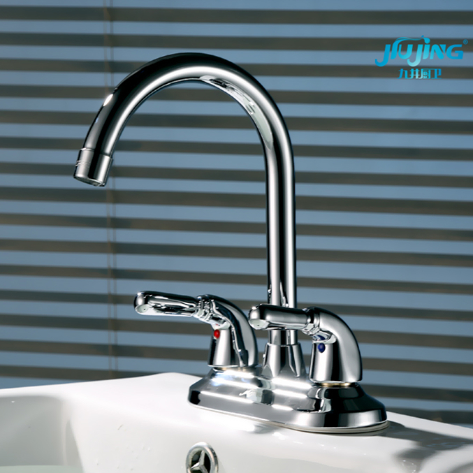 Bathroom face mixed water valve double hole high bend rotating old 10CM three - hole cold and hot pelvis brass