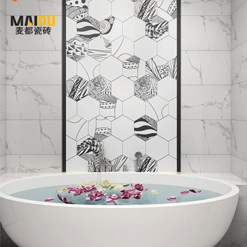 Nordic flora and fauna Hexagonal brick black and white hexagonal flower brick kitchen Makeup Room Jazz White Wall Brick