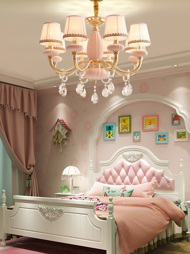 Children's room lamp warm romantic pink princess girl wedding room Bedroom lamp Dining room net Red light luxury European crystal chandelier