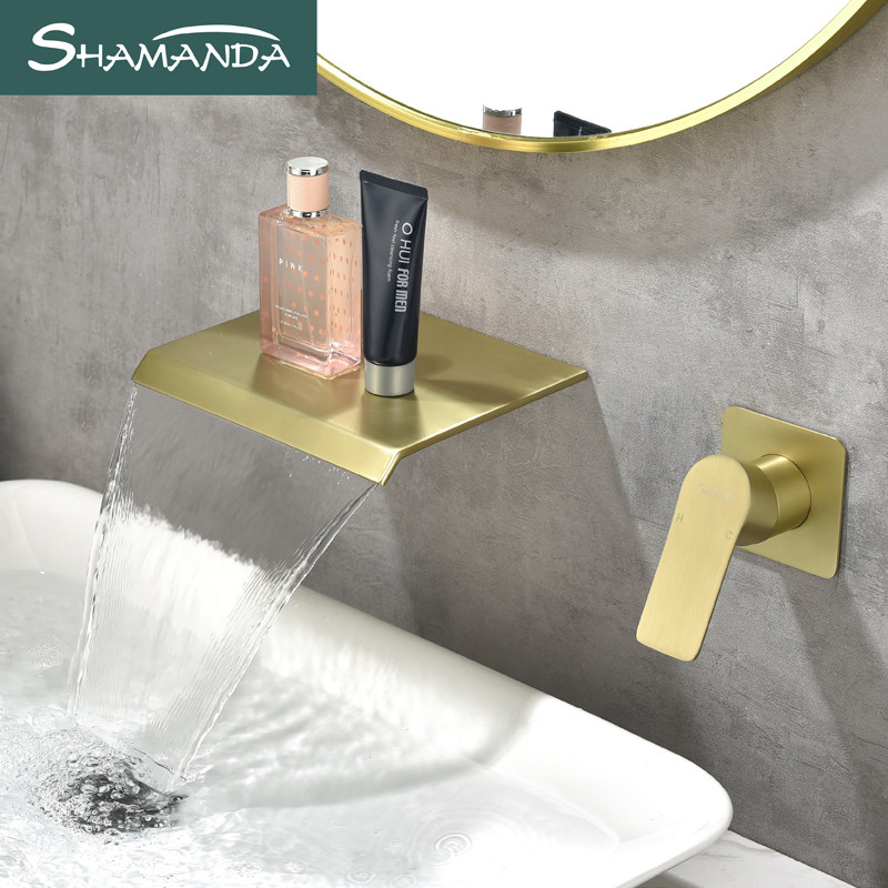 SHAMANDA Concealed brushed gold basin faucet Black hot and cold water in-wall wash basin waterfall faucet