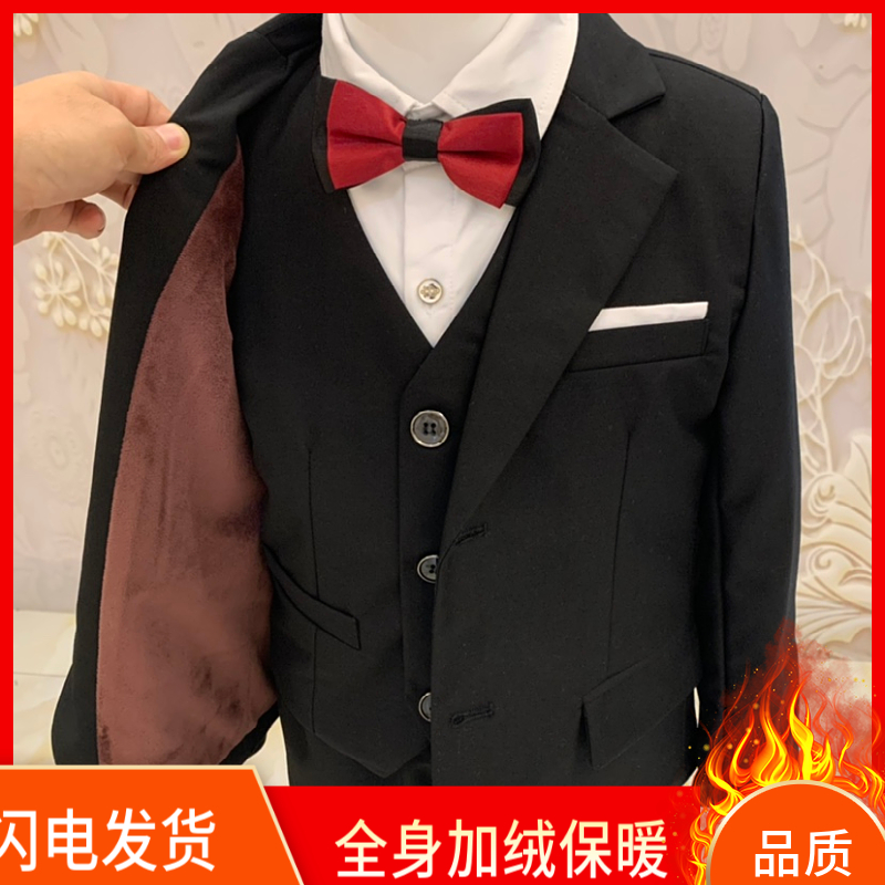 Boy gown Inlenty wind suit suit children Western suit Three sets silver rice yellow black autumn winter plus suede blue plaid-Taobao