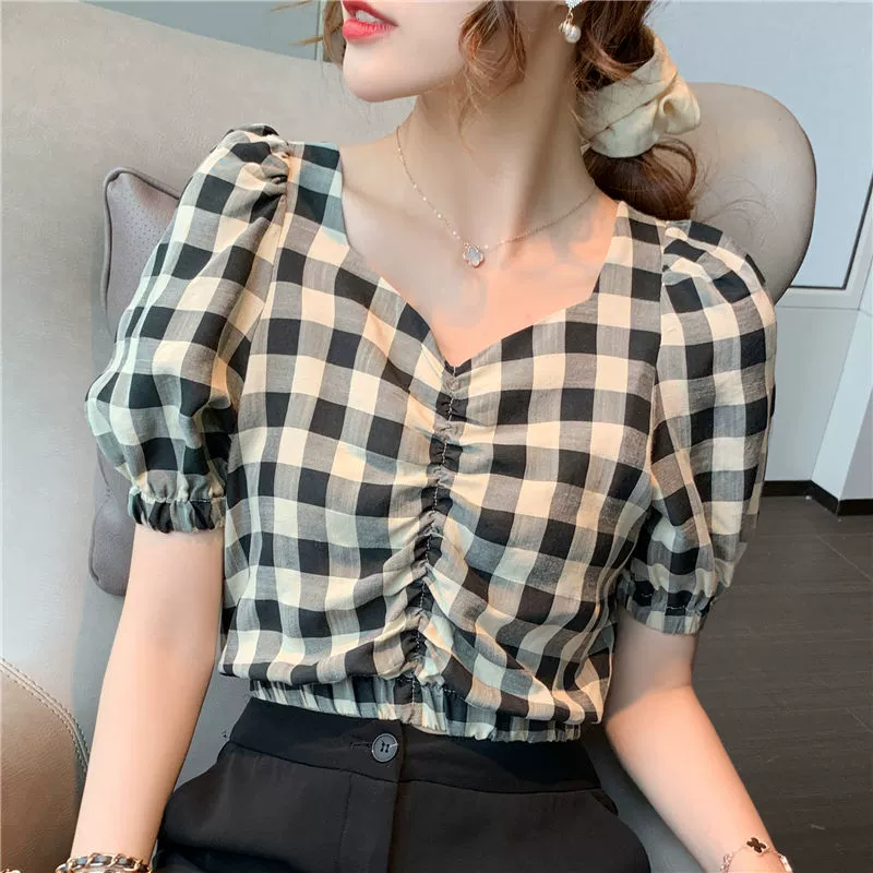 Áo voan nữ tay ngắn 2020 hè Cô gái Pháp cổ chữ V kẻ sọc retro áo sơ mi ngắn không eo - Áo sơ mi chiffon ren