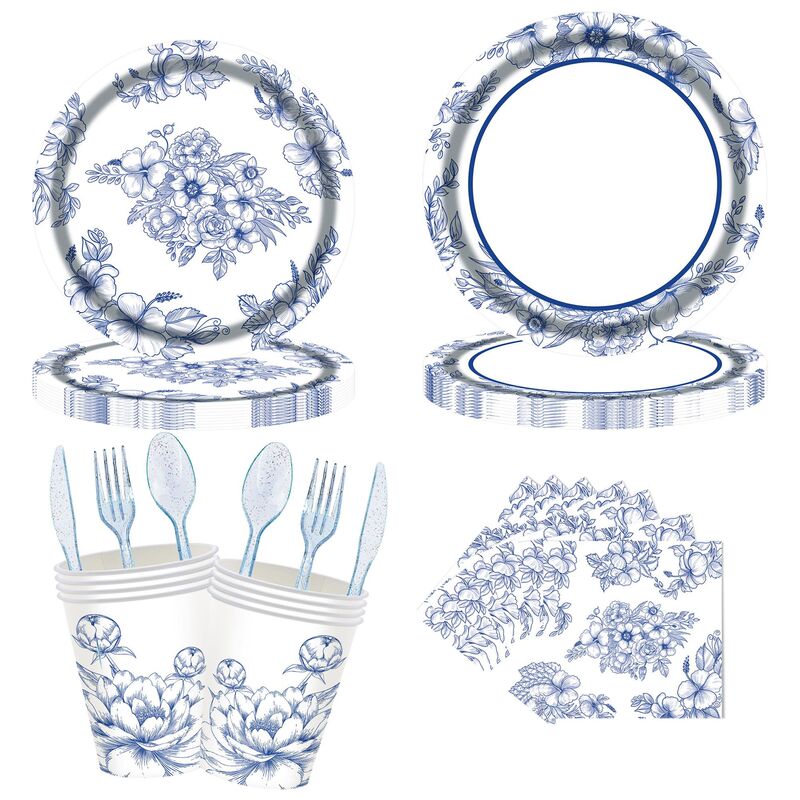 Blue and White Porcelain Themed Tableware, Chinese Style Birthday Party Plates, Disposable Paper Cups, Paper Plates, Paper Towels, Decoration Set