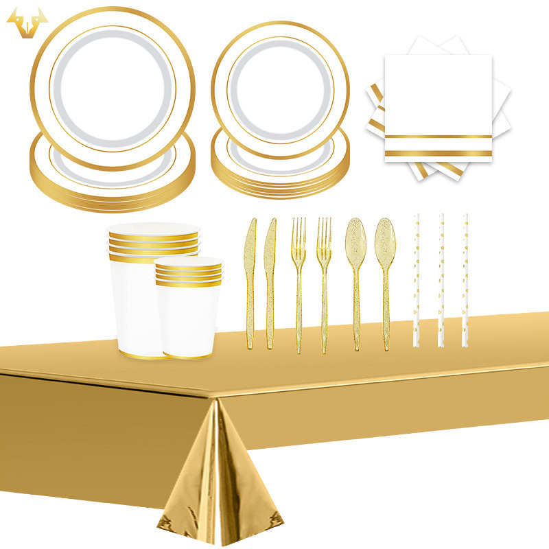 Gold Foil Tableware Set Disposable Paper Towels Paper Cups Paper Plates Tablecloth Birthday Party Decoration Supplies