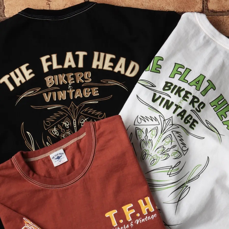 The Flat Head Heavyweight Vintage Motorcycle Print Three-Stitch Reinforced Collar Short-Sleeve T-Shirt Made in Japan
