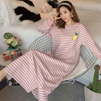 Spring autumn season lengthened sleeping dress lady cotton long sleeves cute loose big code sleepwear summer long skirt over knee to ankle